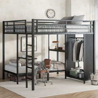 Loft Bed Integrated Wardrobe King Over Twin XL Black
