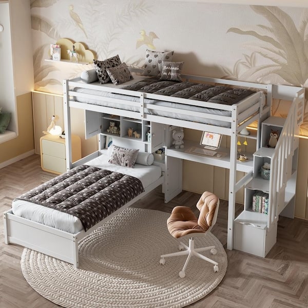 Loft Bed: L-Shaped White Wood Bunk with Integrated Desk
