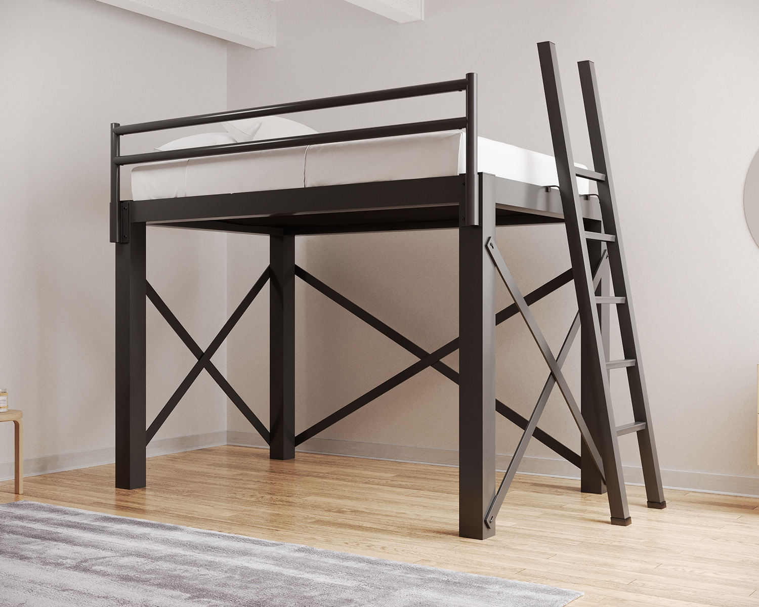 Loft Bed: Matte Black Metal with Industrial Cross Bracing