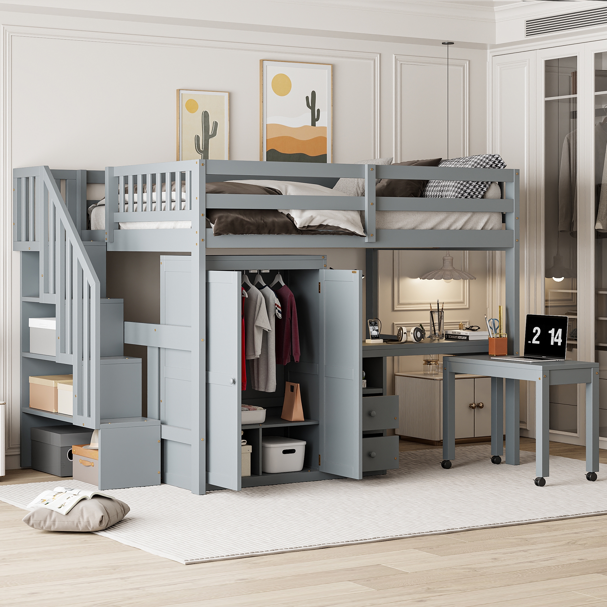 Loft Bed: Matte Gray Wood Frame with Mobile Desk