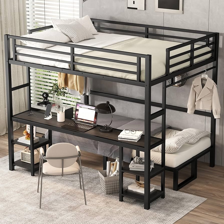 Loft Bed: Multi Functional Matte Black Metal with Integrated Desk