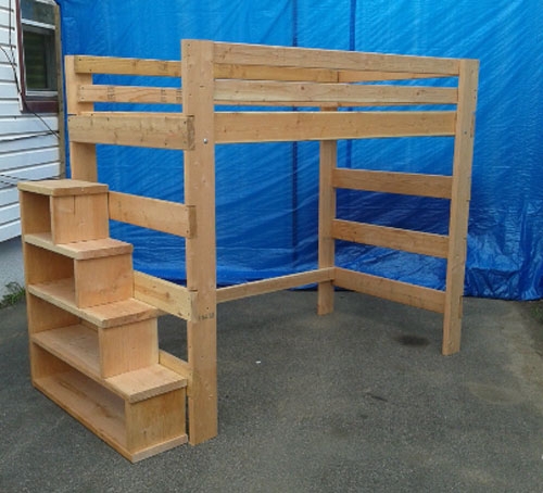 Loft Bed: Natural Wood Chunky Frame and Storage Steps