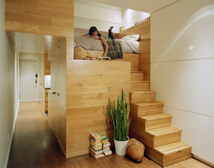 Loft Bed: Warm Oak Platform with Full Height Wood Cladding