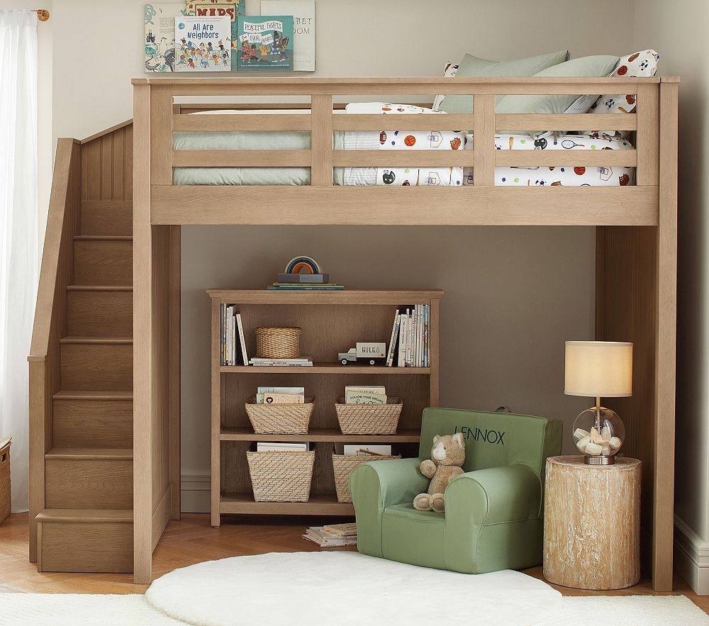 Loft Bed: Warm Wood Finish and Under Bed Nook Reading Space