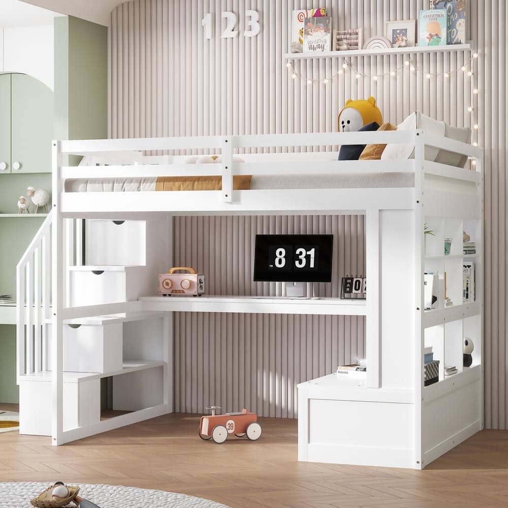 Loft Bed: White Wood with Integrated Shelving System