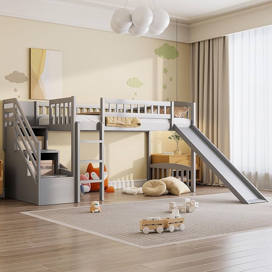 Loft Bed with Gray Staircase Drawers and Gray Loft Bed