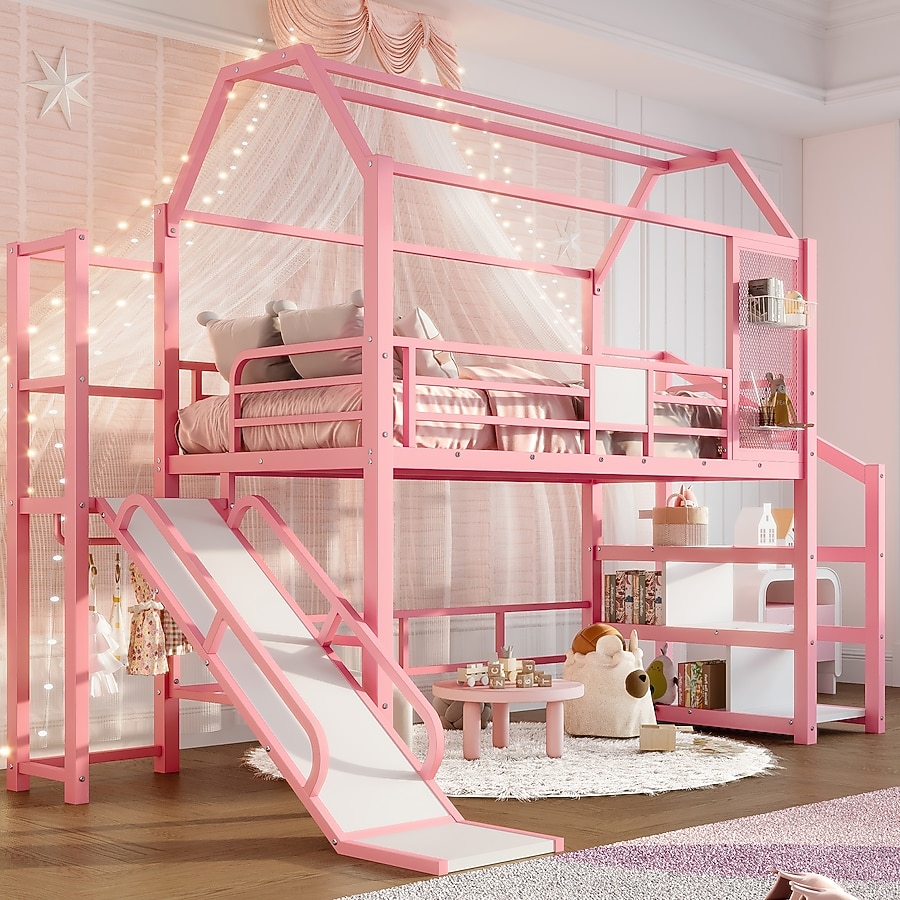 Loft Bed with Pink House Shaped Roof and Pink House Bed