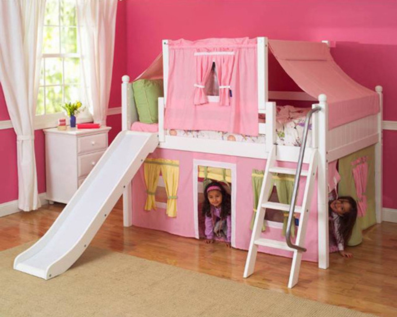 Loft Bed with Playhouse Tent Canopy and Pink Playhouse Bed
