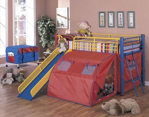 Loft Bed with Red Fabric Tent and Primary Color Bunk Bed