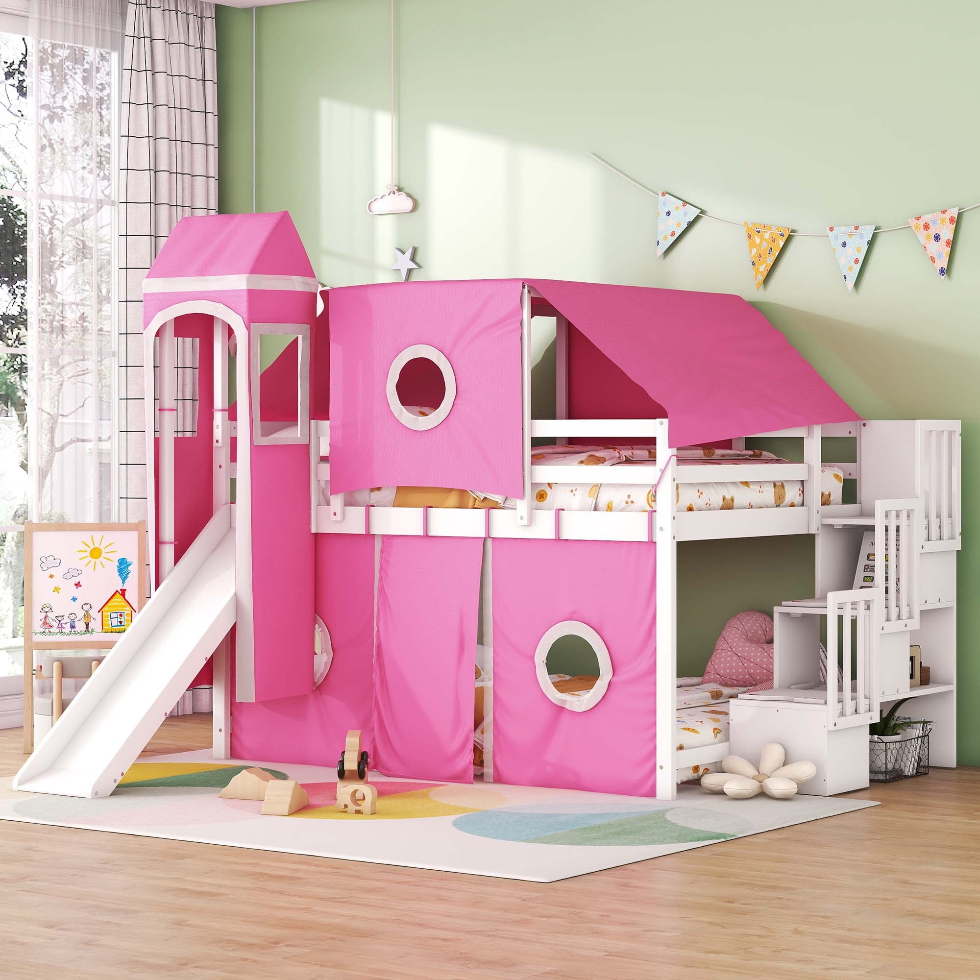 Loft Bed with Tower Attachment and Pink Princess Castle Bed