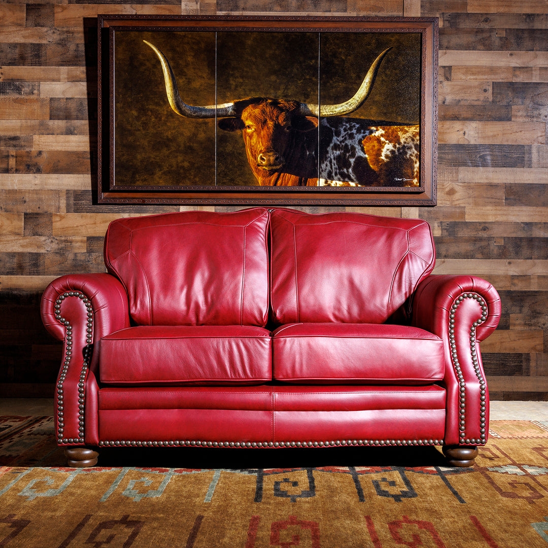 Loveseat In Ruby Red Leather-Like Finish With Nailhead Trim Sofa