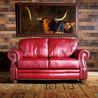 Loveseat In Ruby Red Leather-Like Finish With Nailhead Trim Sofa