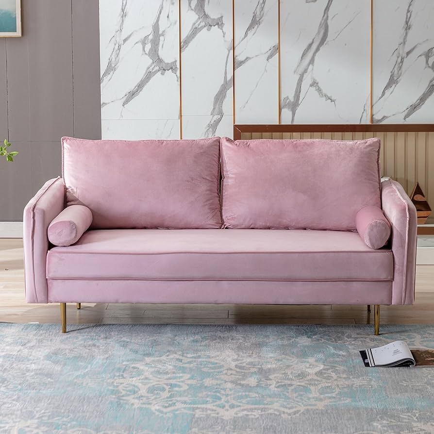 Loveseat with Cylindrical Bolster Pillows and Gold Tapered Legs