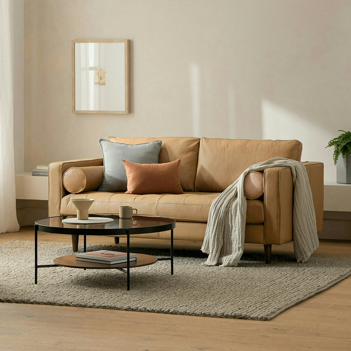 Loveseat With Cylindrical Bolsters: Mid-Century Leather Style
