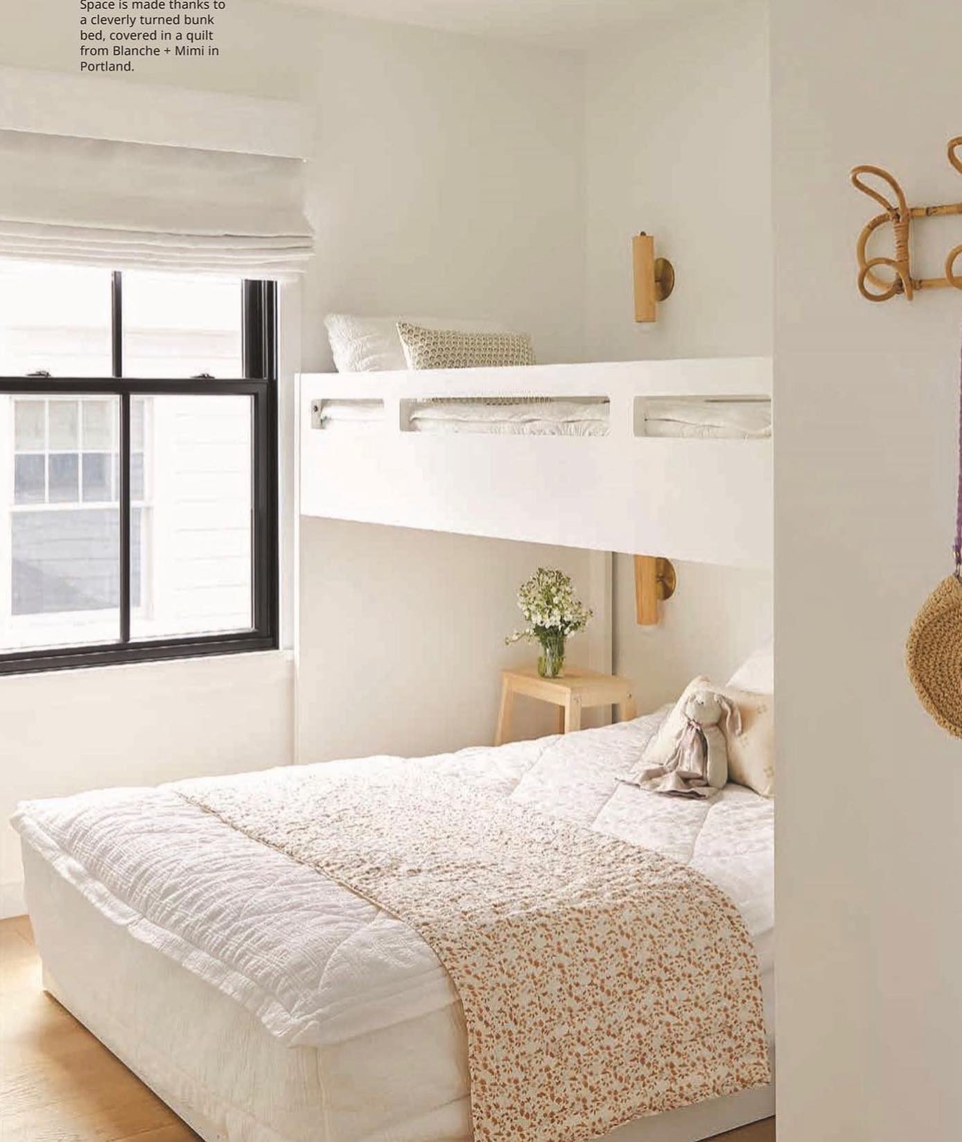 Low Bunk Bed: Perpendicular White Glaze Wood Twin Frame