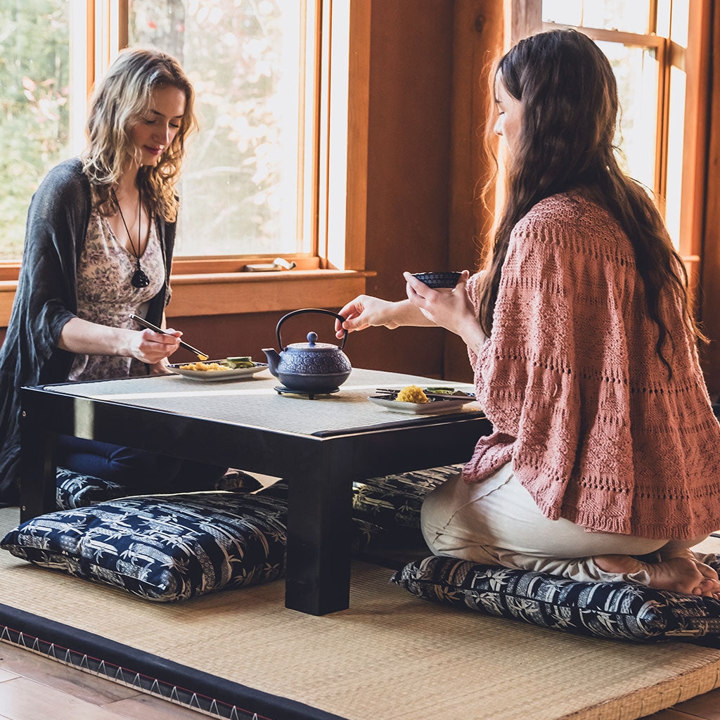 Low Dining Table and Indigo Patterned Floor Decor