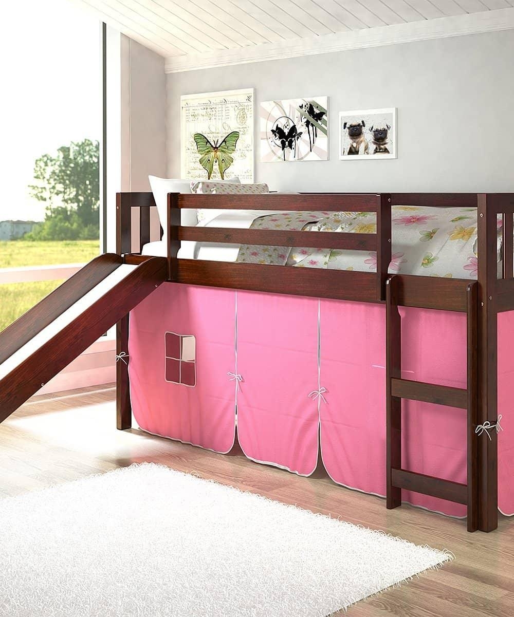 Low Loft Bed with Dark Cherry Finish and Pink Tent Play Bed
