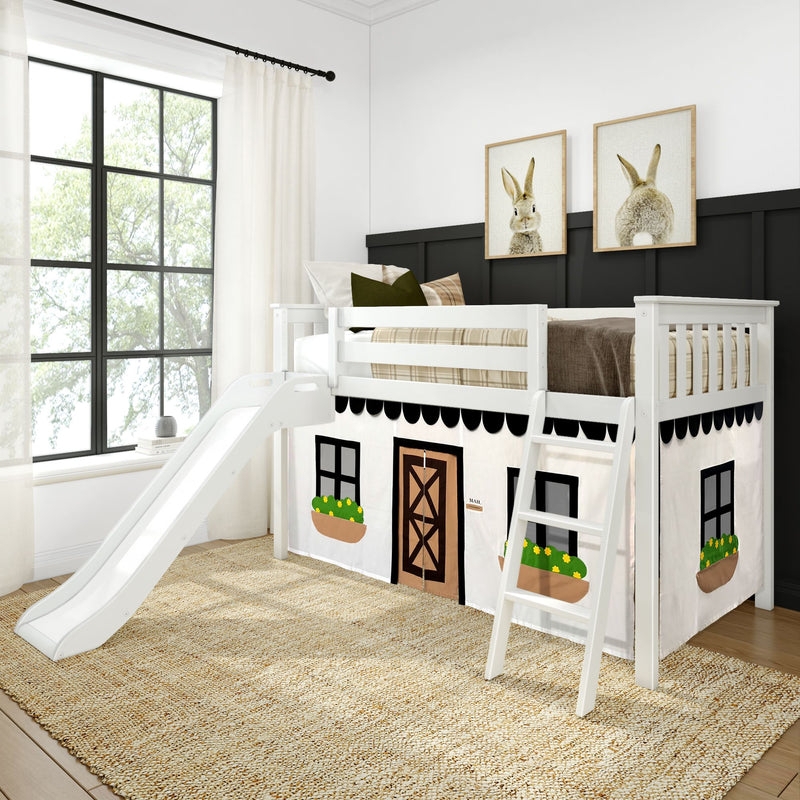 Low Loft Bed with Farmhouse Curtain and Kids Cottage Bed
