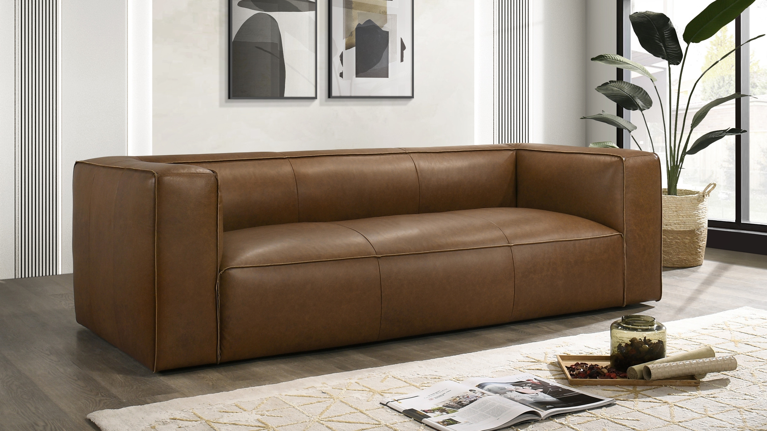 Low Profile Sofa Saddle Tan Blocky Design 92 Inch Leather Sofa