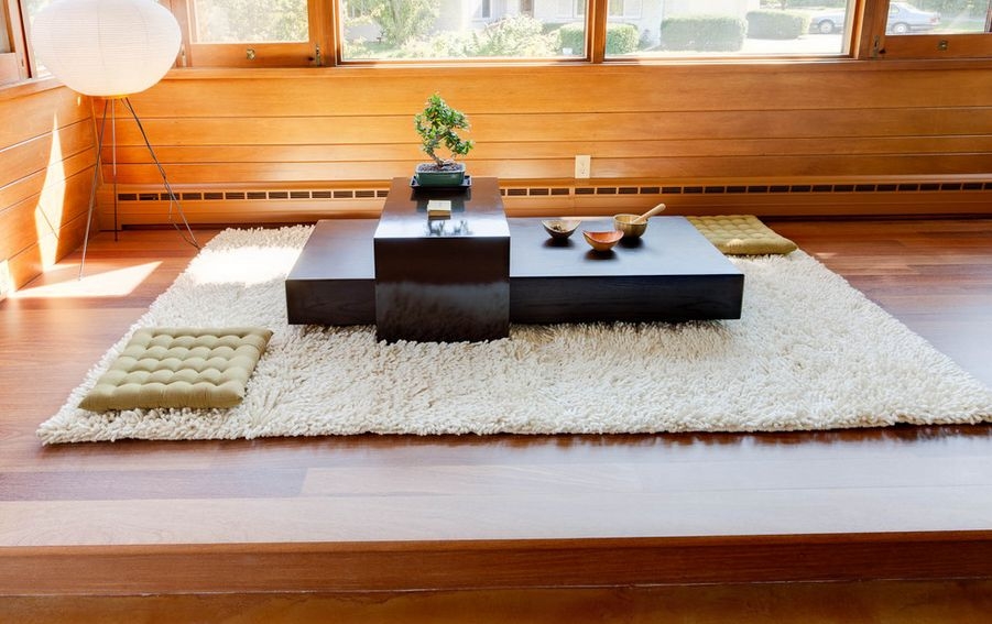 Low Tea Table with Tiered Design and Olive Tufted Cushions