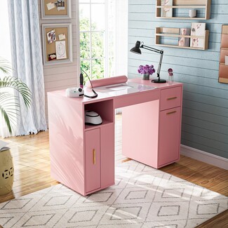 Manicure Desk with Acetone Resistant Glass Top and Gold Accents