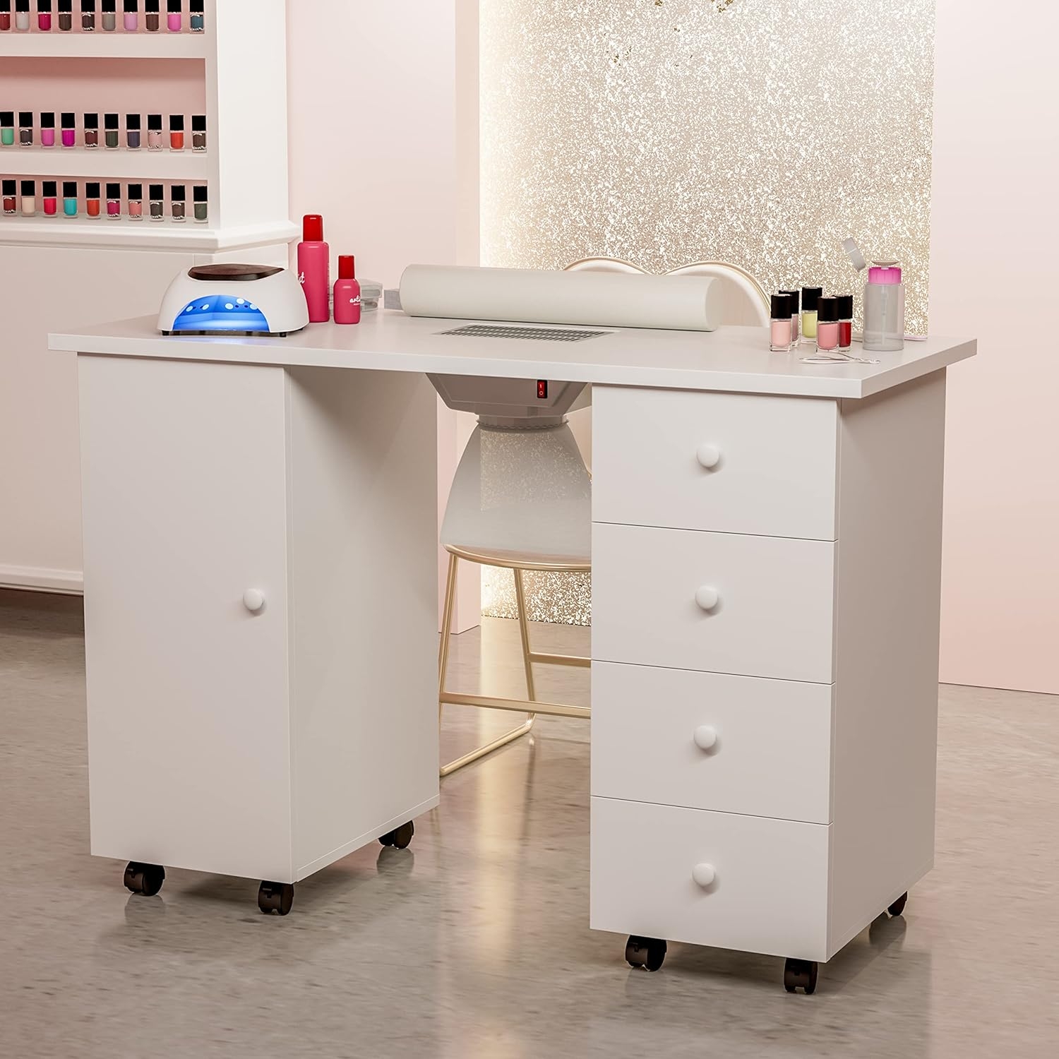 Manicure Desk with Built-In Dust Collector and Mobile Casters