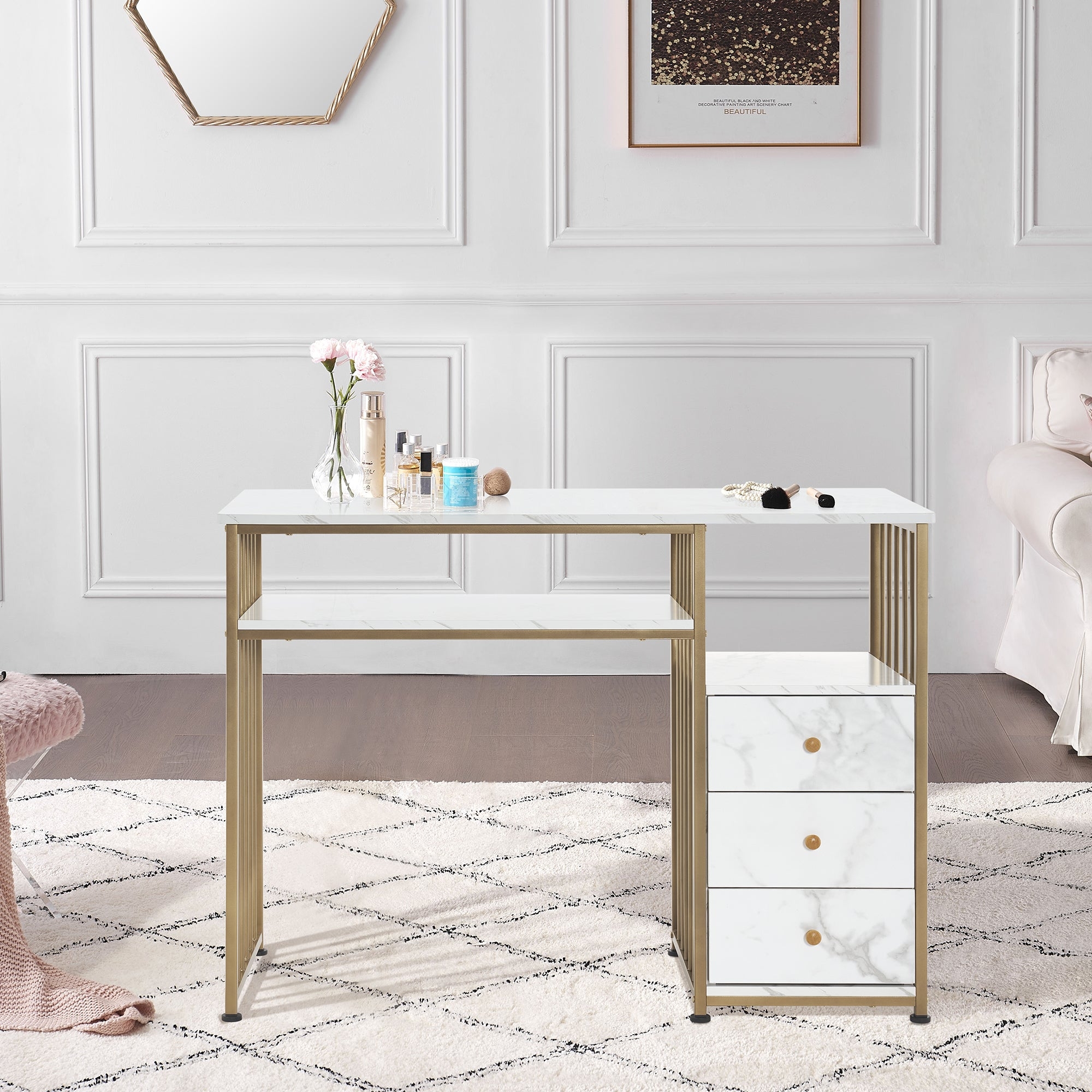 Manicure Table featuring Gold Slat Frame and Marble Texture Top