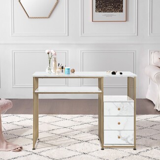 Manicure Table featuring Gold Slat Frame and Marble Texture Top