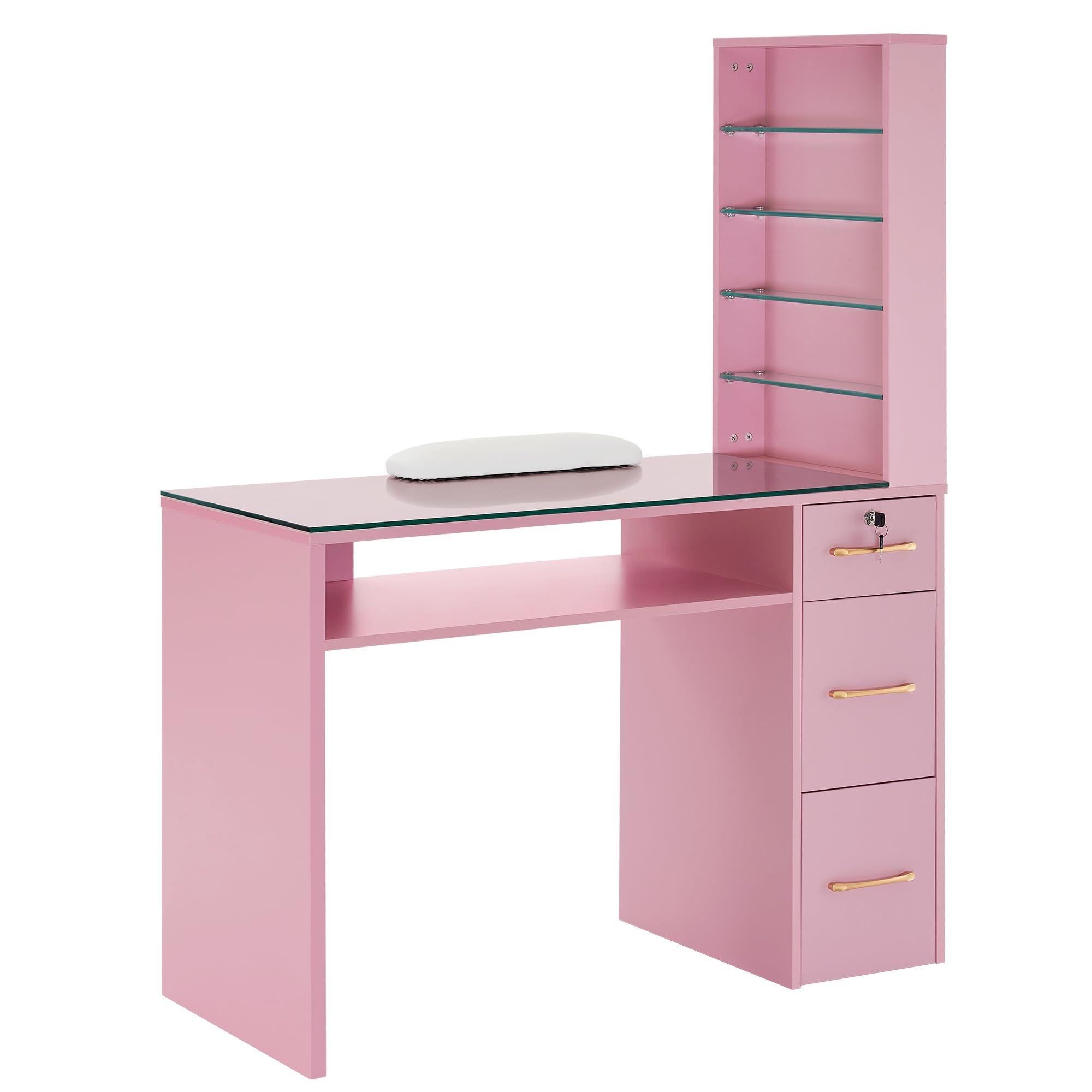 Manicure Table in Pink Finish with Glass Hutch Storage Unit