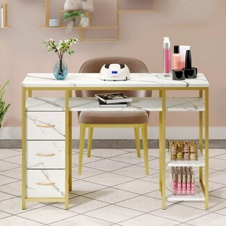 Manicure Table Station featuring Three Drawer Storage Pedestal
