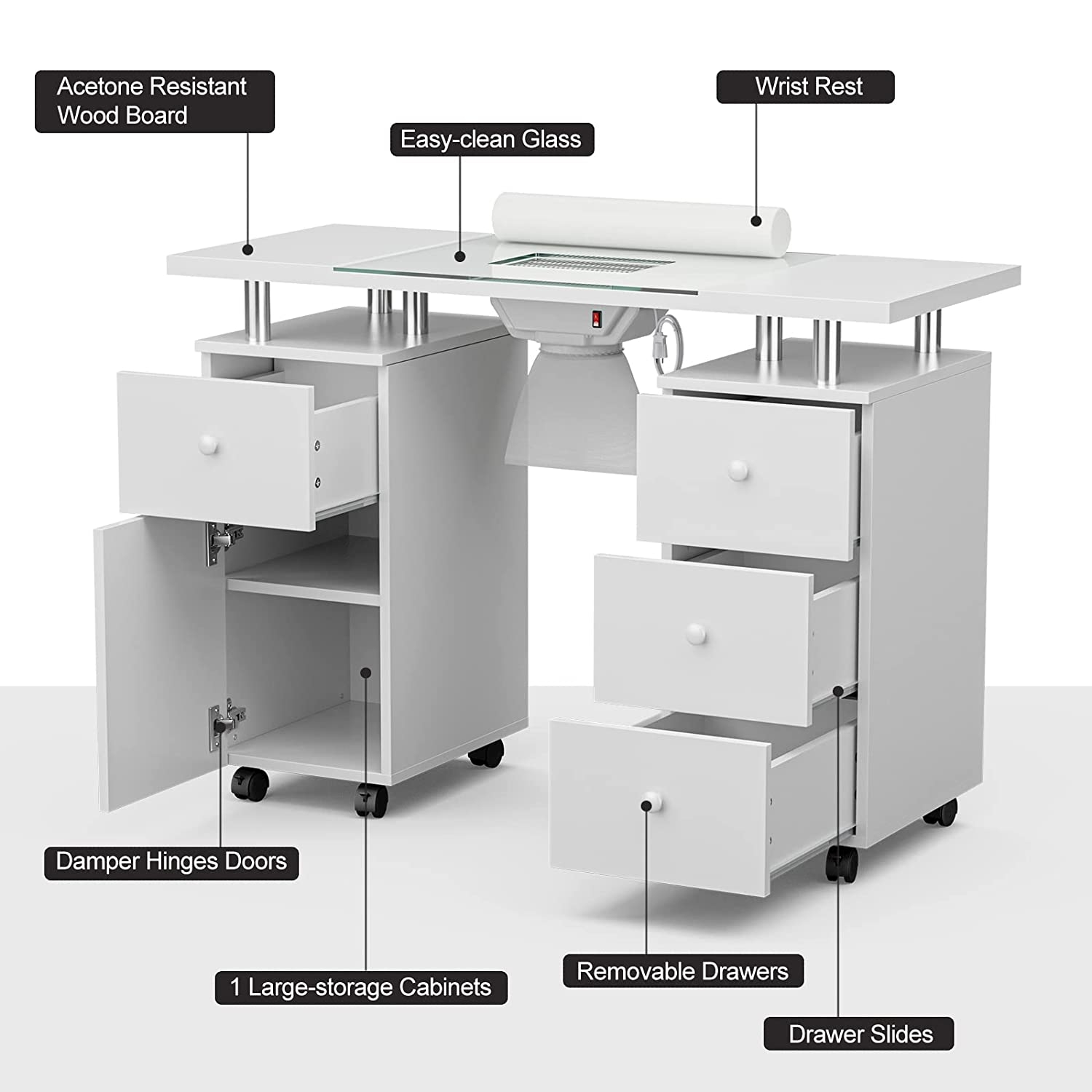 Manicure Table with Acetone Resistant Top and Damper Hinges