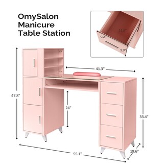 Manicure Table with Built-In Shelving and Glass Top Pink Finish