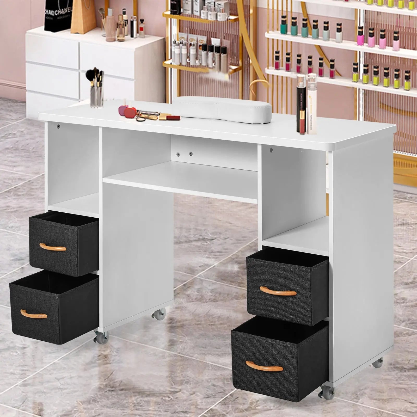 Manicure Table with Fabric Storage Bins and Mobile Caster Base