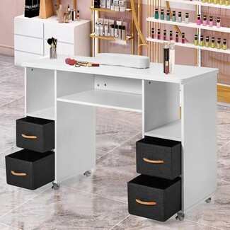 Manicure Table with Fabric Storage Bins and Mobile Caster Base