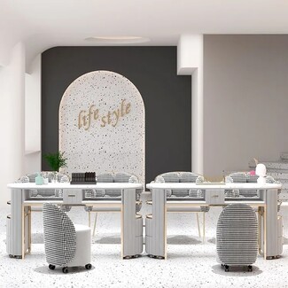 Manicure Table with Fluted Panels and Houndstooth Salon Chairs