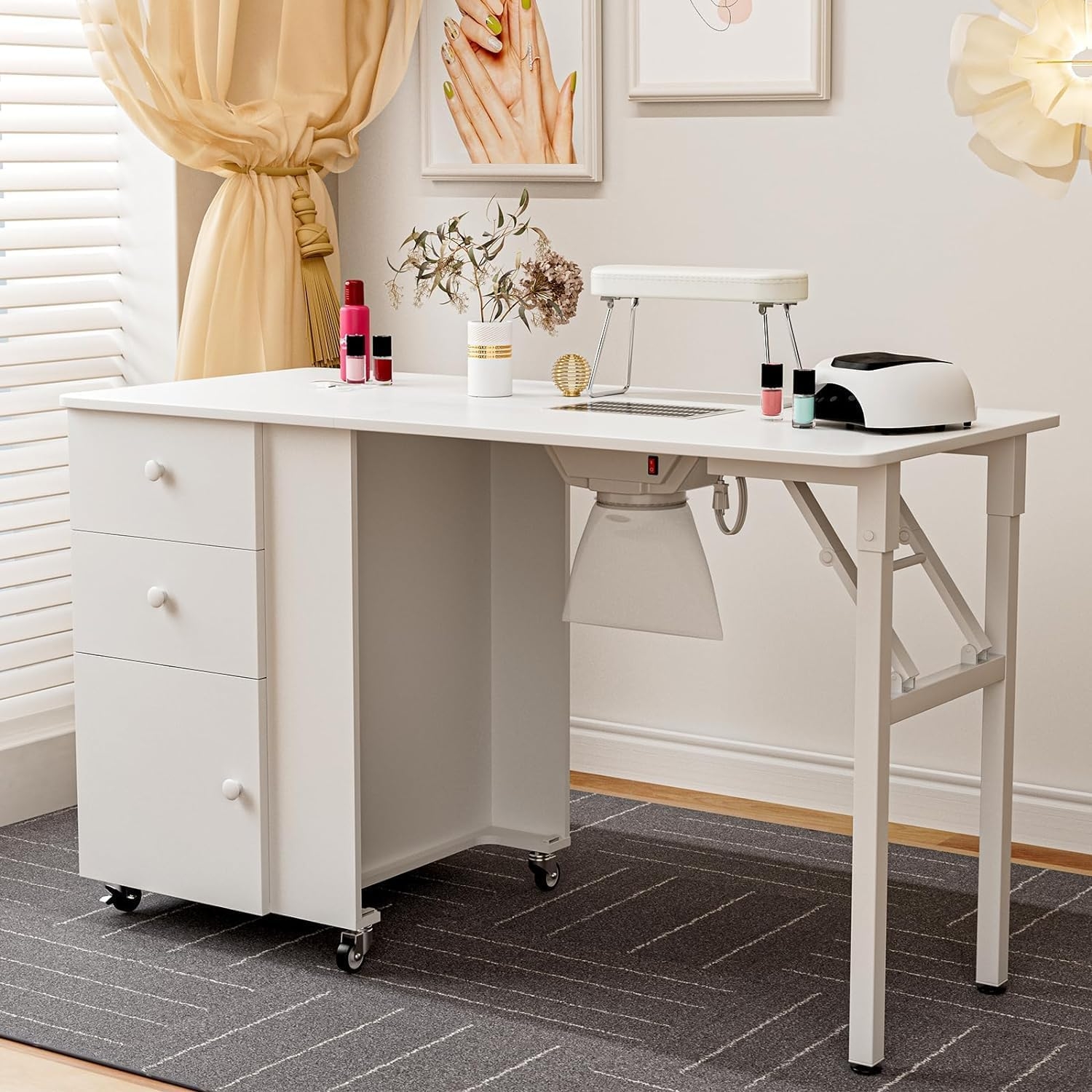 Manicure Table with Foldable Legs and Electric Downdraft Vent