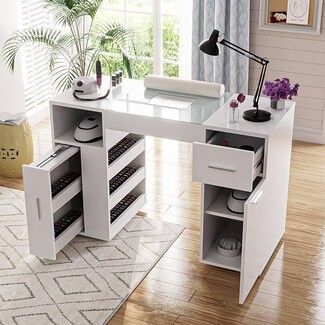 Manicure Table with Glass Worktop Inlay and Side Polish Racks