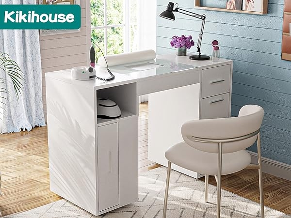 Manicure Table with Inlay Glass and Tiered Storage Base