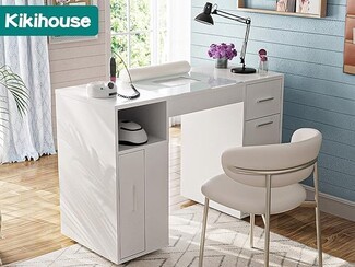 Manicure Table with Inlay Glass and Tiered Storage Base