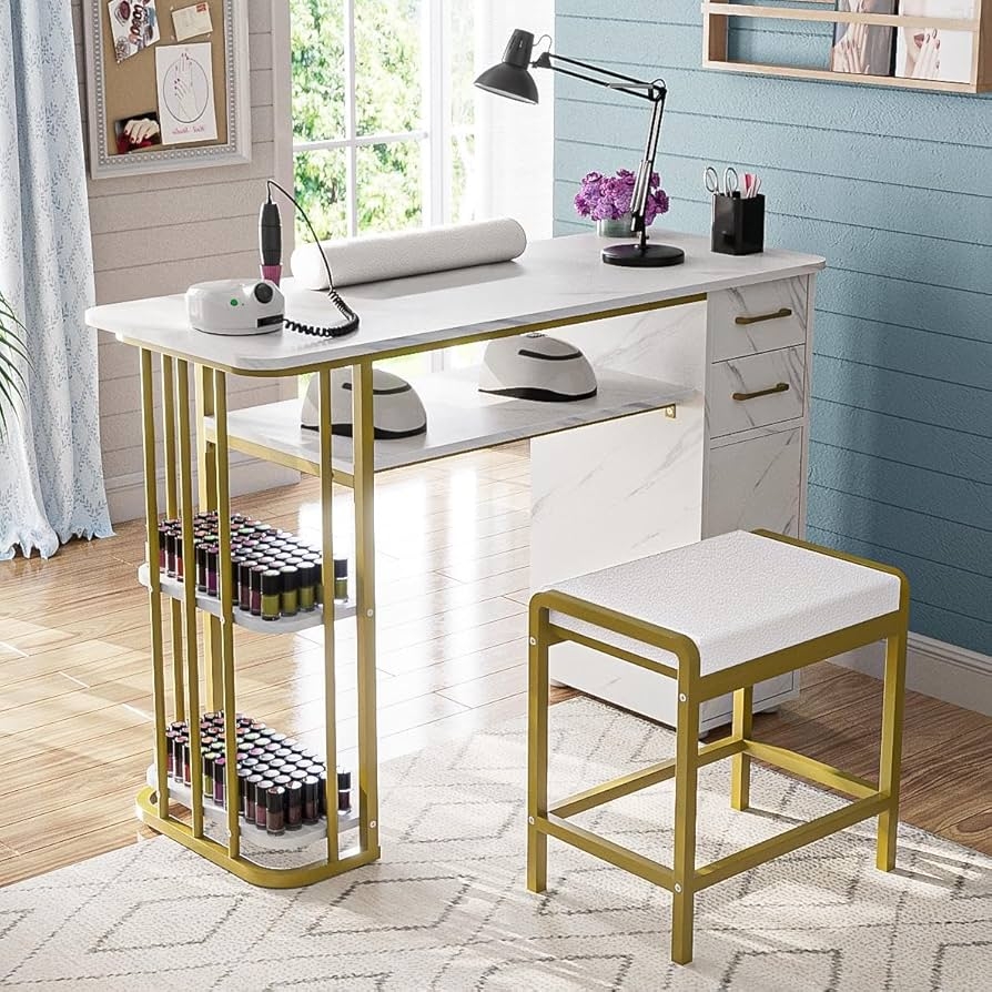 Manicure Table with Integrated Polish Rack and Matching Stool