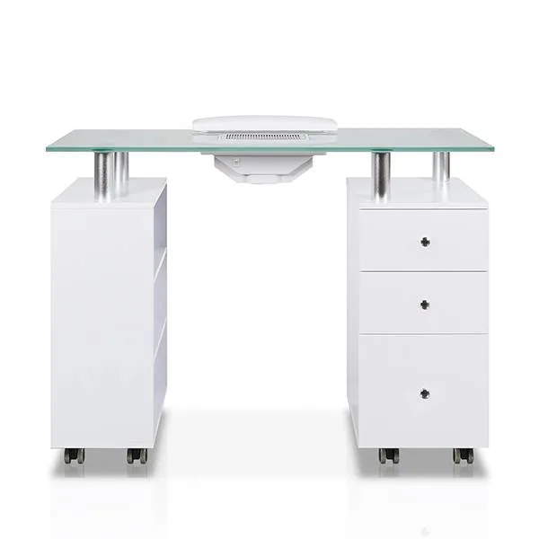 Manicure Table with Metal Pillars and Clear Glass Top Surface
