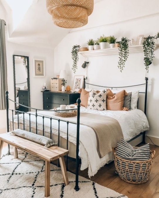 Metal Bed Frame: Spindle Headboard & Rattan Pendant