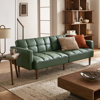 Mid-Century Futon Sofa Bed with Grid Tufting and Tapered Wooden Legs