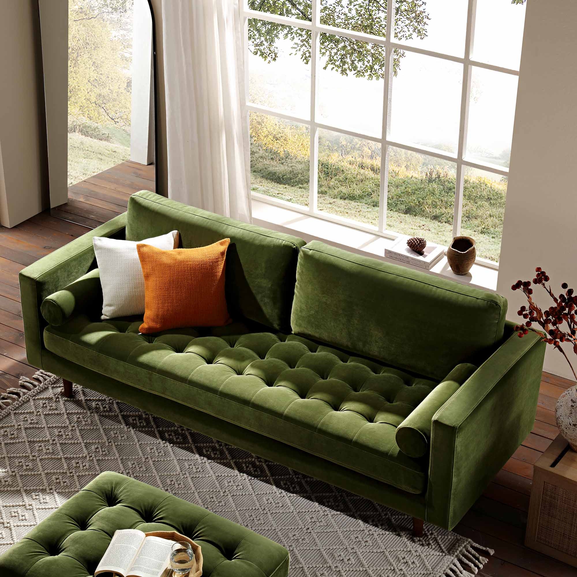 Mid-Century Velvet 3-Seater Sofa with Button Tufted Seat