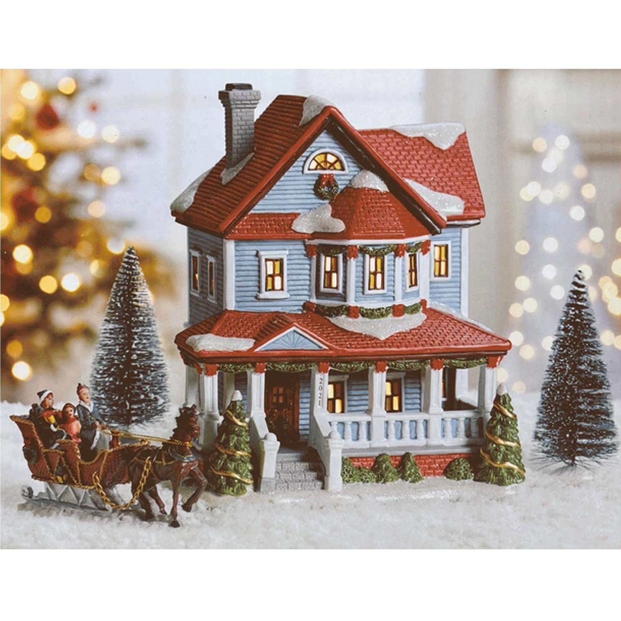 Miniature Village House: Slate Blue Siding and Wraparound Porch