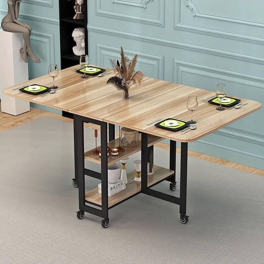 Mobile Folding Dining Table with Six Locking Wheels and Storage