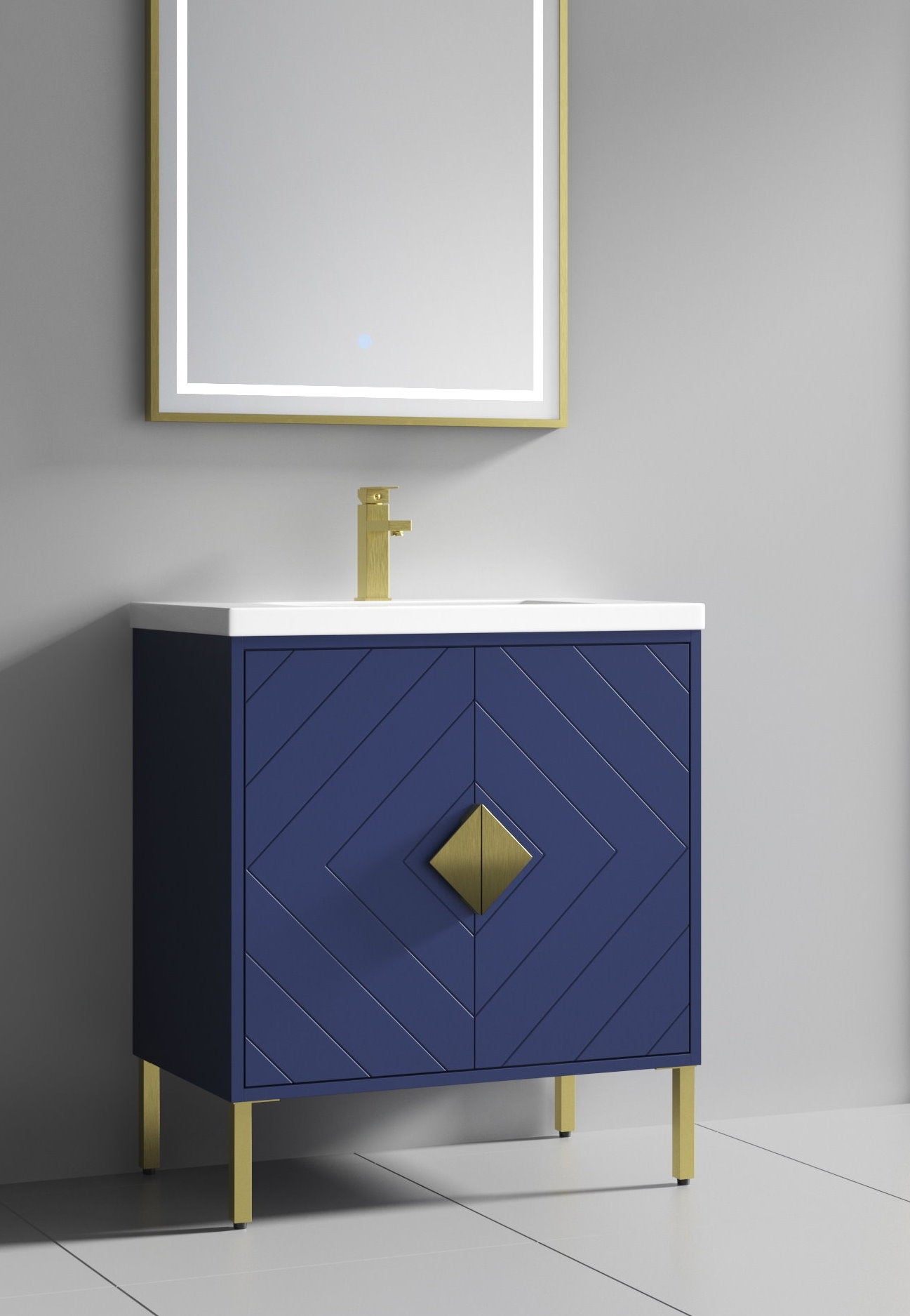 Modern Bathroom Vanity: Navy Chevron Pattern and LED Mirror
