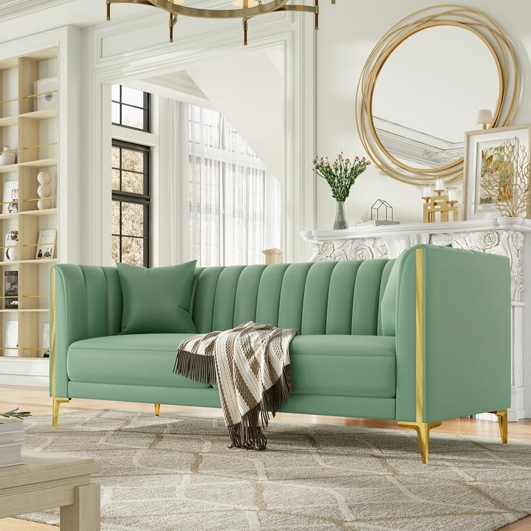 Modern Glam Three-Seater Sofa Vertical Channel Tufting and Gold Legs