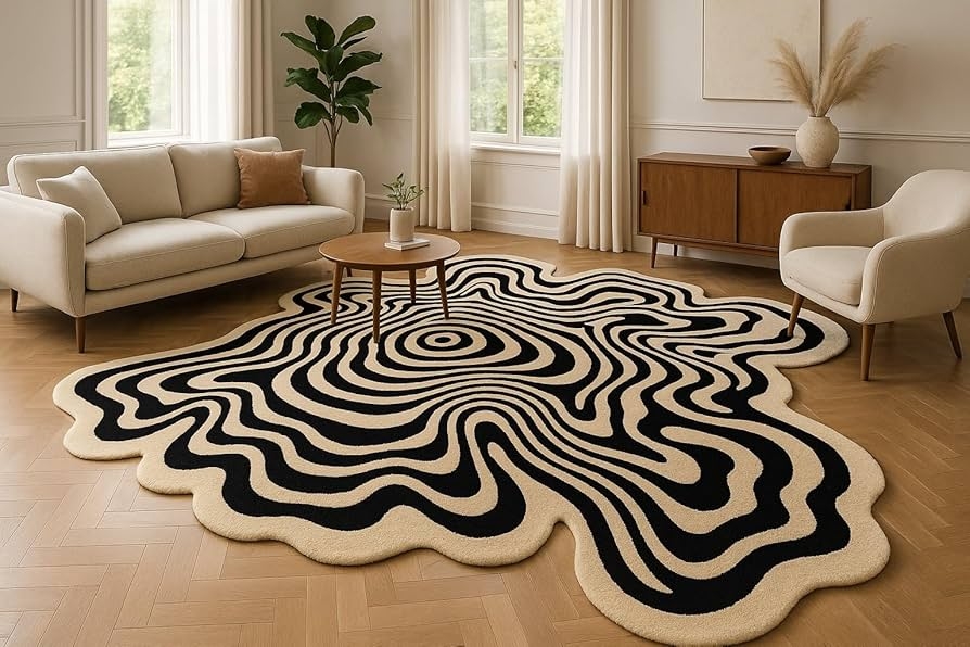 Modern Scalloped Floor Covering with Black and Cream Wavy Lines.