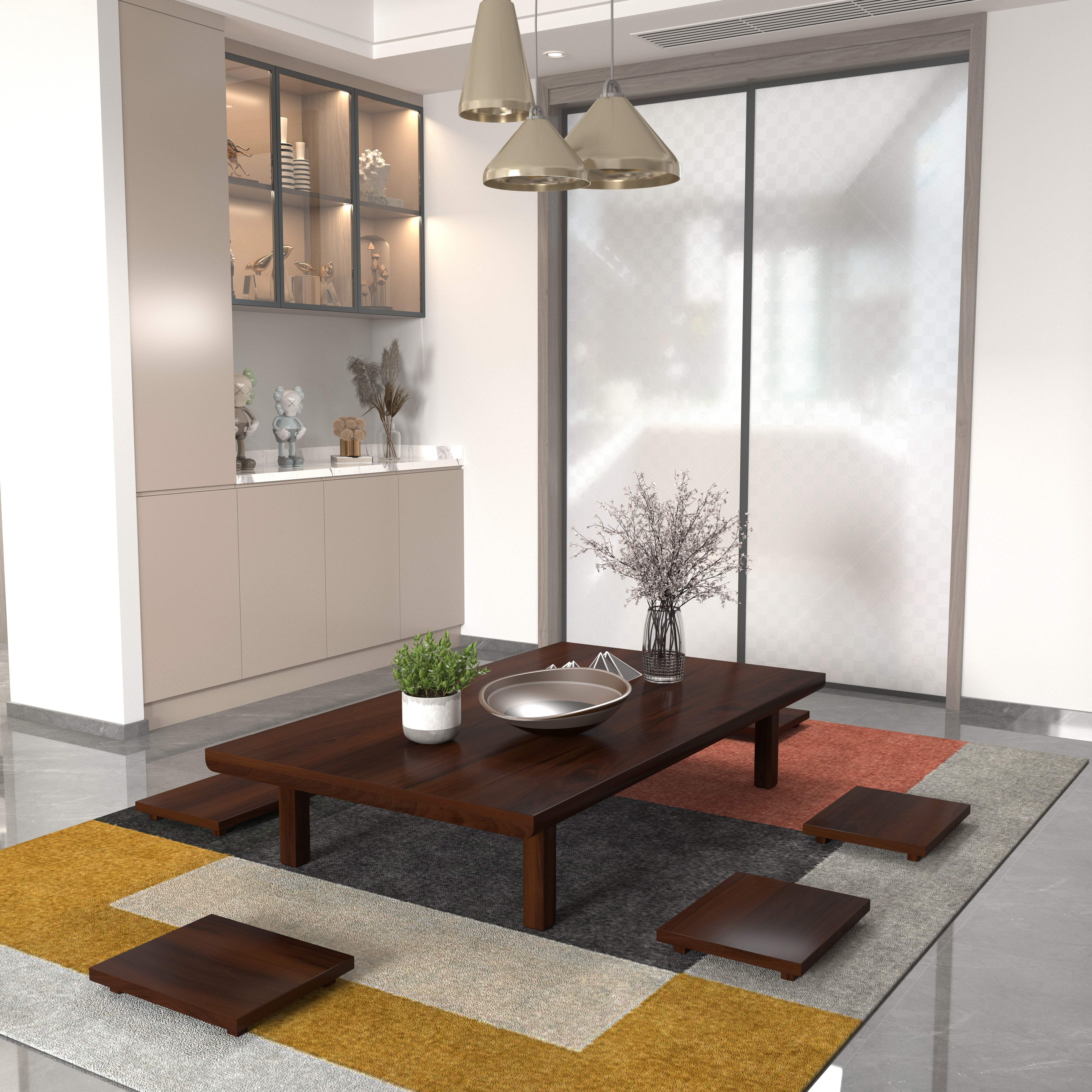Modern Zen Low Dining Set with Thick Square Legs